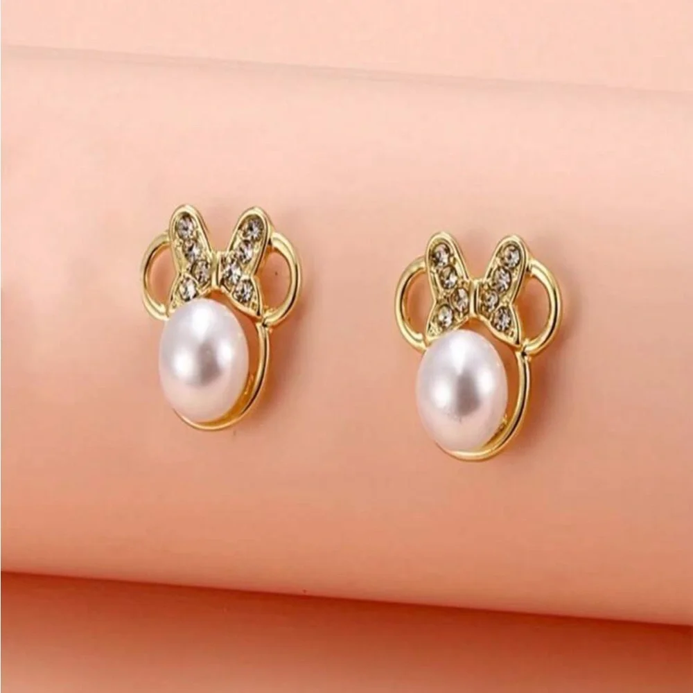 Gold Minnie Mouse Pearl Studs, Minnie Mouse Stud Earrings - Picture 3 of 5